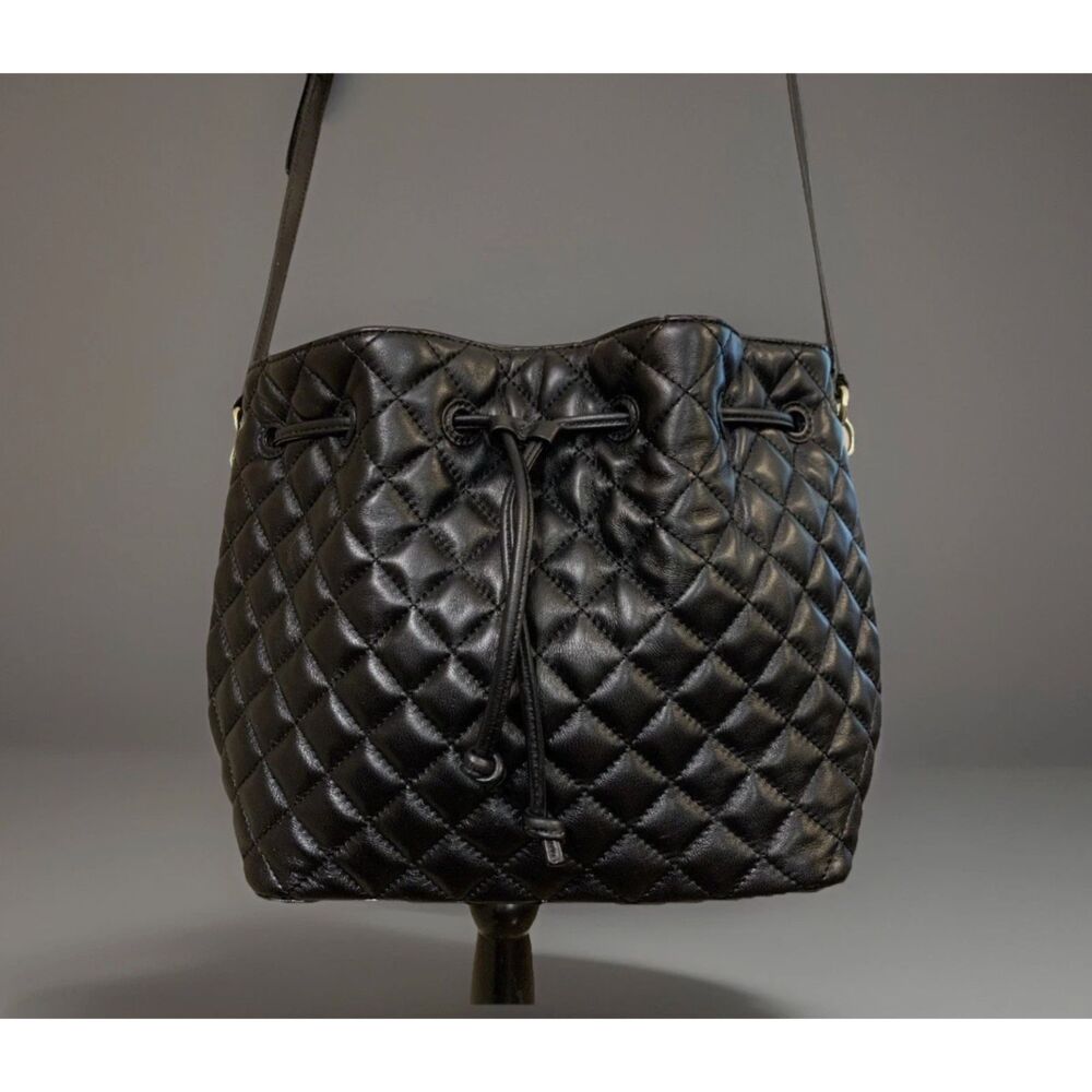 Talbots Black Quilted Napa Leather Bucket Bag Gold Hardware Crossbody Strap